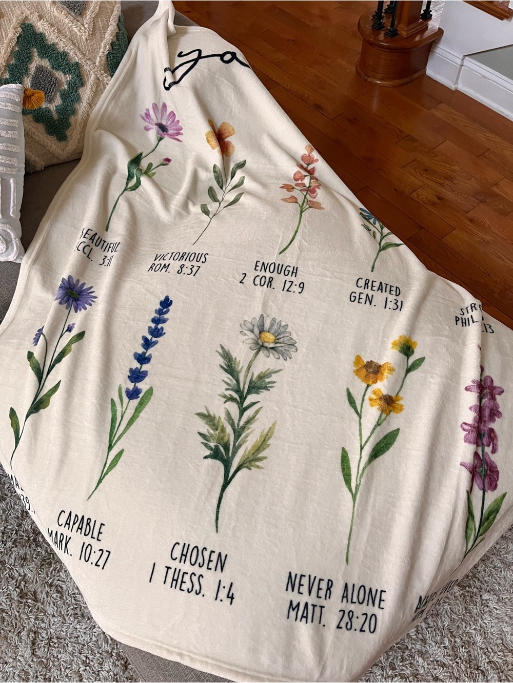 Floral Scripture Cream Throw Blanket - Soft Home Bedding